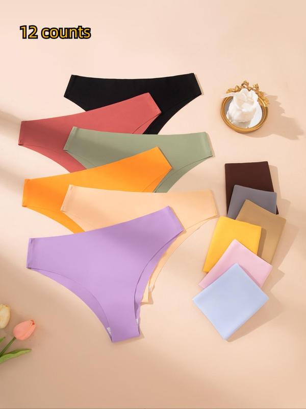 Women's 12pcs Solid Drop Waist Panty, Soft Comfy Breathable Seamless Knicker for Daily Wear, Underwear for All Seasons