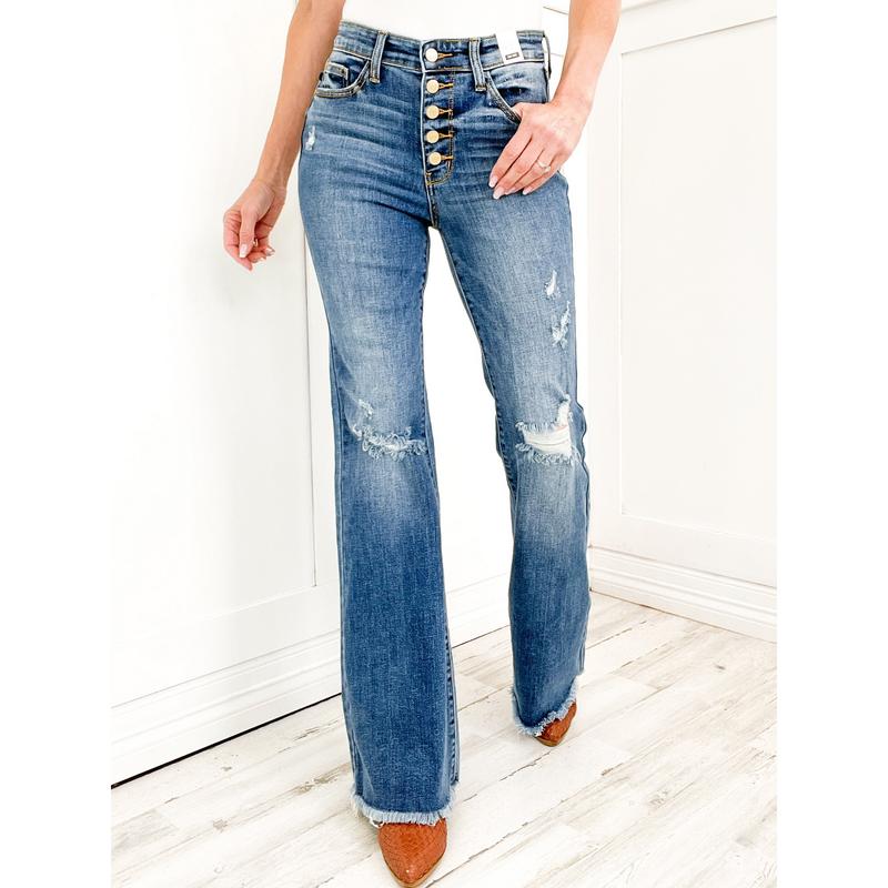 Judy Blue MADE YOU LOOK Mid-Rise Button Fly Flare Jeans with Distressed Frayed Hem