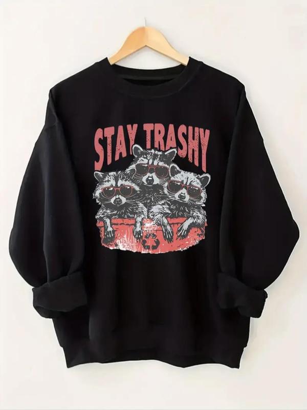  Stay Trashy Sweatshirt, Raccoon Print Crew Neck Long Sleeve Pullover, Women's Clothing for Fall & Winter