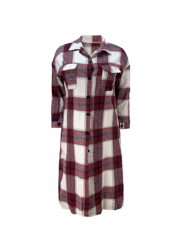 Plus Size Plaid Print Button Front Drop Shoulder Coat, Casual Jackets, Long Sleeve Pocket Collared Outerwear for Spring & Fall, Coats for Winter Women 2024, Women's Clothes for Daily Wear