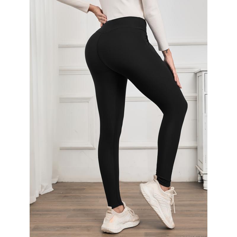 Women's Plush Lined Leggings With Pockets, Casual Style Thermal Tights, Stretchy Skinny Pants For Winter Warmth  Fabric Womenswear