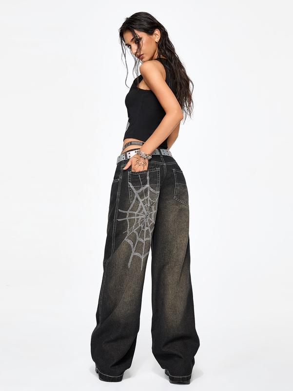 ROMWE Grunge Punk Relaxed Fit Grunge Style Distressed Vintage Extra Loose Rhinestone Spiderweb Women Jeans