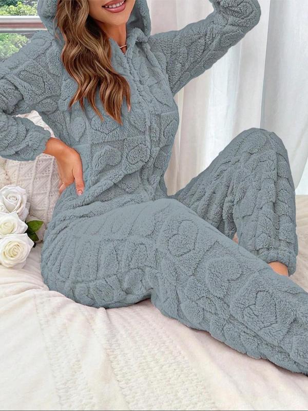 Women's Solid Hooded Jumpsuit, Casual Comfy Long Sleeve Jumpsuit for Fall & Winter, Women's Sleepwear for Indoor Wear