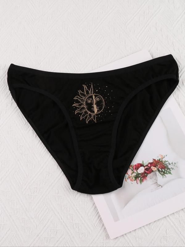 Women's Star & Moon & Sun Print Brief, Soft Comfy Breathable Knicker for Daily Wear, Underwear for All Seasons