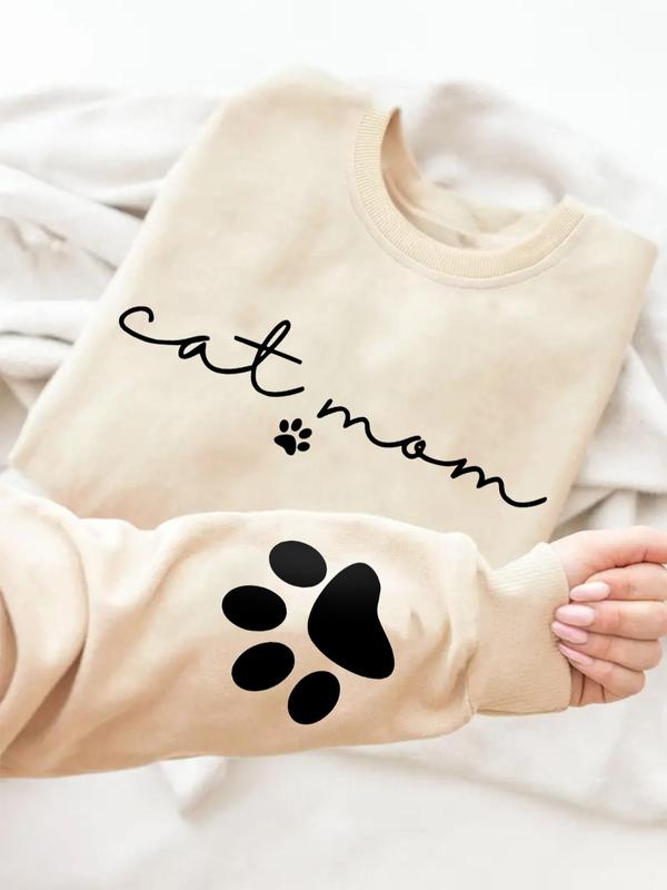 Women's Cat Mom Letter Print Round Neck Sweatshirt, Casual Long Sleeve Crew Neck Pullover for Fall & Winter, Fashion Women's Top for Daily Wear