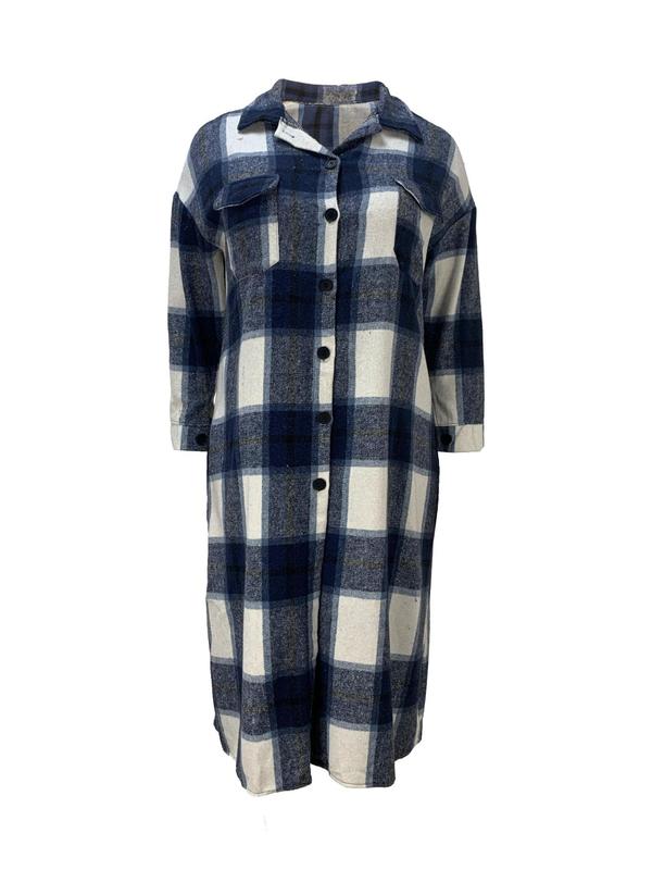 Plus Size Plaid Print Button Front Drop Shoulder Coat, Casual Jackets, Long Sleeve Pocket Collared Outerwear for Spring & Fall, Coats for Winter Women 2024, Women's Clothes for Daily Wear