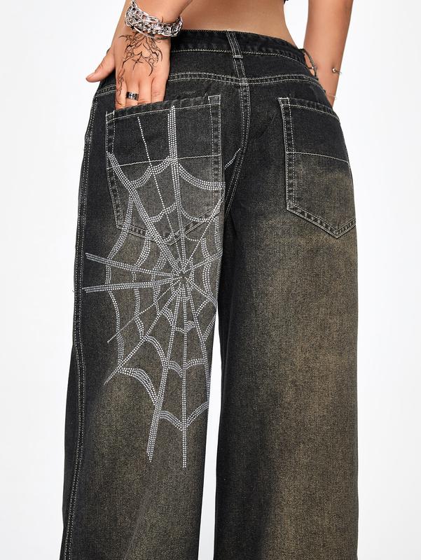 ROMWE Grunge Punk Relaxed Fit Grunge Style Distressed Vintage Extra Loose Rhinestone Spiderweb Women Jeans