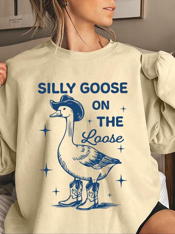 Women's Cartoon Goose Print Crew Neck Sweatshirt, Casual Drop Shoulder Long Sleeve Pullover, Women's Fall & Winter Clothes for Daily Wear