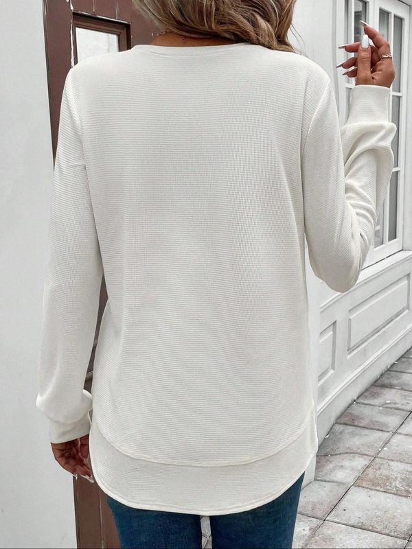 Women's Plain Waffle Knit Pullover Sweatshirt, Casual Long Sleeve Round Neck Top for Daily Wear, Ladies Clothes for All Seasons