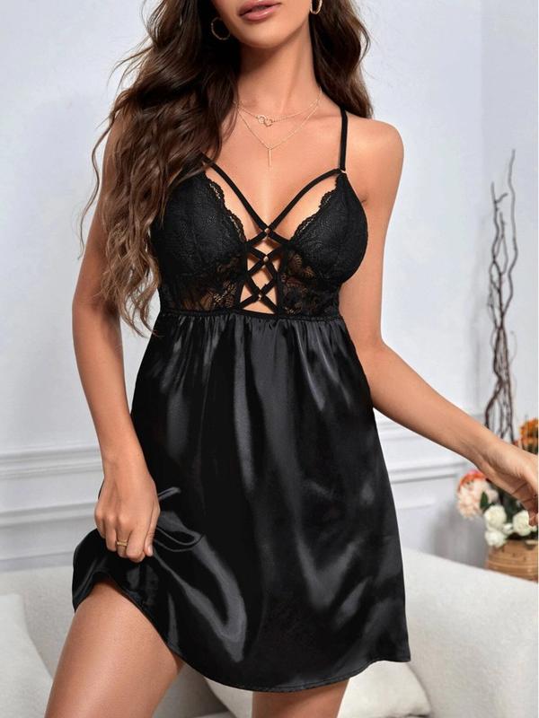 Lace Insert Cut Out Satin Cami Pajama Nightdress