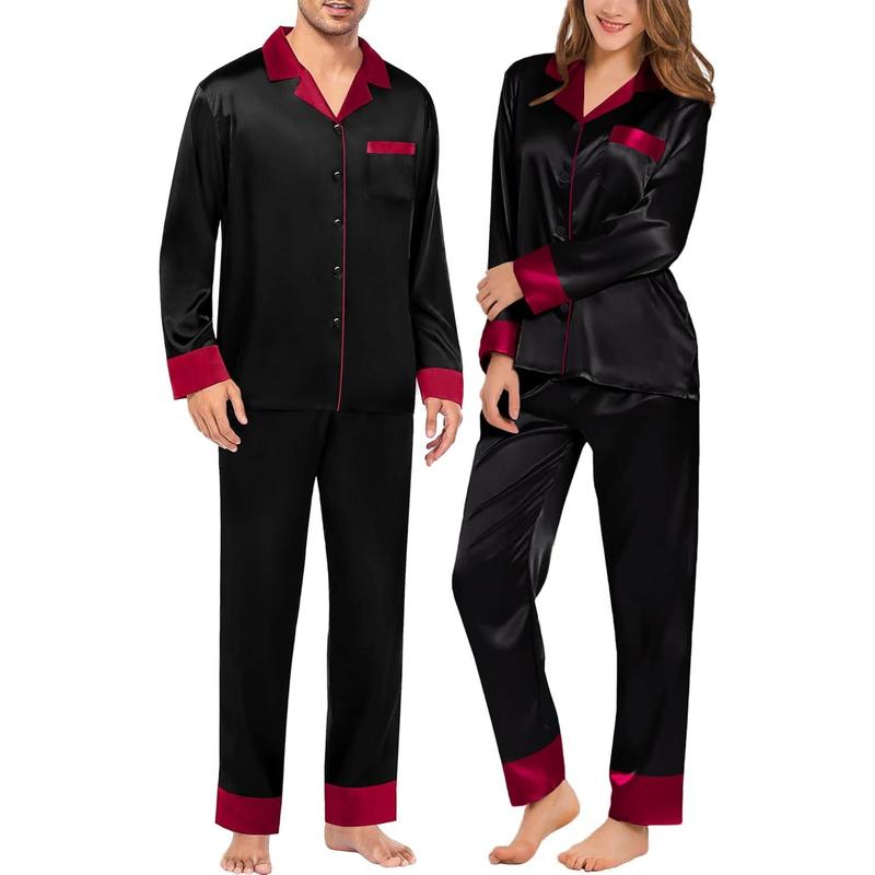 Couples Satin Pajamas Sets Long Sleeve Sleepwear Button Down Loungewear Silky Pjs Set with Long Pants