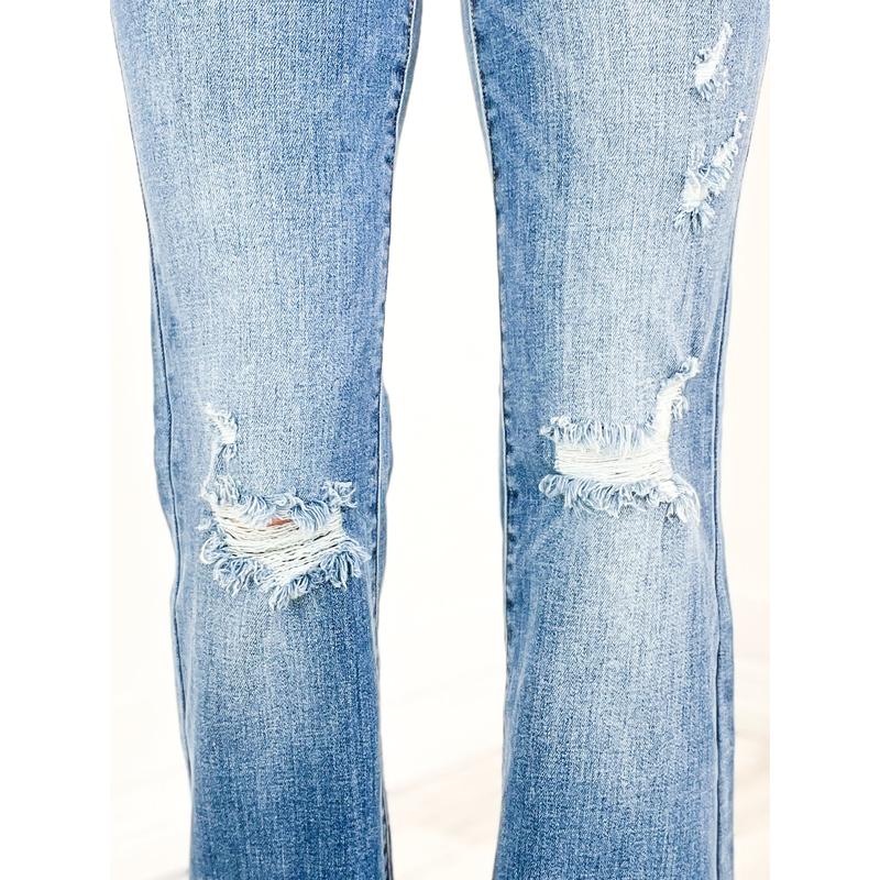 Judy Blue MADE YOU LOOK Mid-Rise Button Fly Flare Jeans with Distressed Frayed Hem