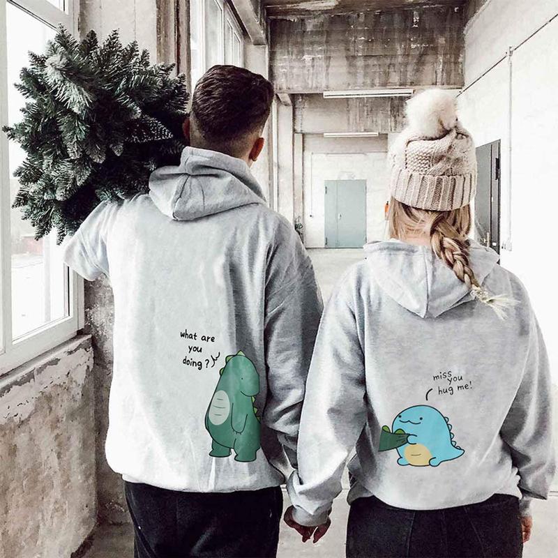 Couples Matching Hoodies Sweatshirt Dinosaur Printed Pullover Comfort Comfort Fabric