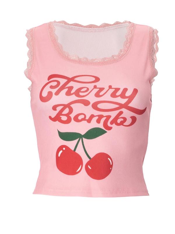 Women's Cherry & Letter Print Contrast Lace Tank Top, Cute U Neck Scallop Trim Sleeveless Top for Fall, Women's Clothing for Daily Wear, Fall Outfits, Fallfreshness