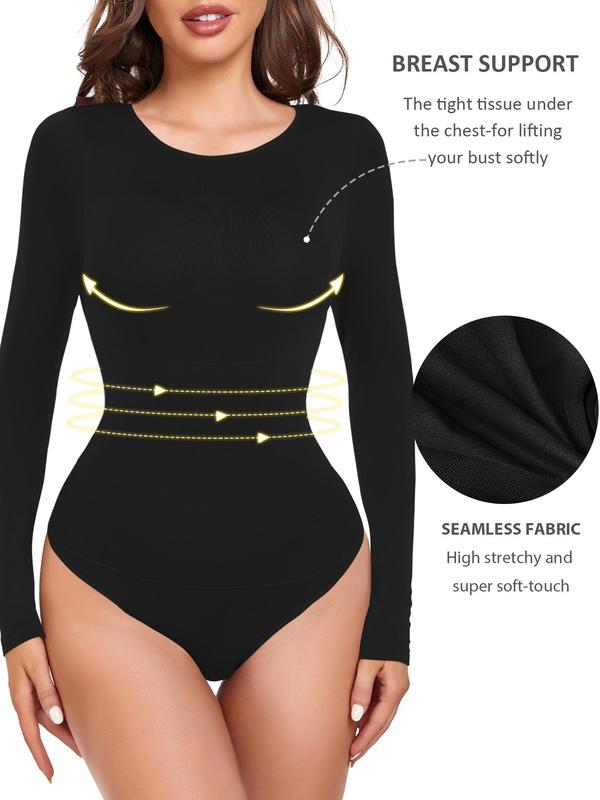 Women's Solid Long Sleeve Crew Neck Shapewear Bodysuit, Tummy Control Seamless Shaper, Women's Shapewear for All Seasons