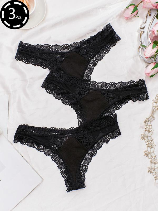 Women's 3pcs Plain Contrast Lace Criss Cross Sexy Thong, Soft Comfy Breathable Drop Waist Knicker for Daily Wear, Ladies Underwear for All Seasons