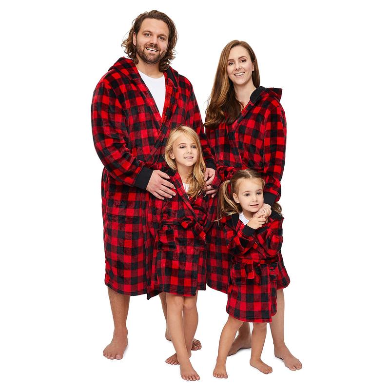 Christmas Parent-child Nightwear, Red Plaid Printed Pattern Long Sleeve Xmas Nightgown Bathrobes & Dressing Gowns for Men  Women  Kids Hoodie Womenswear