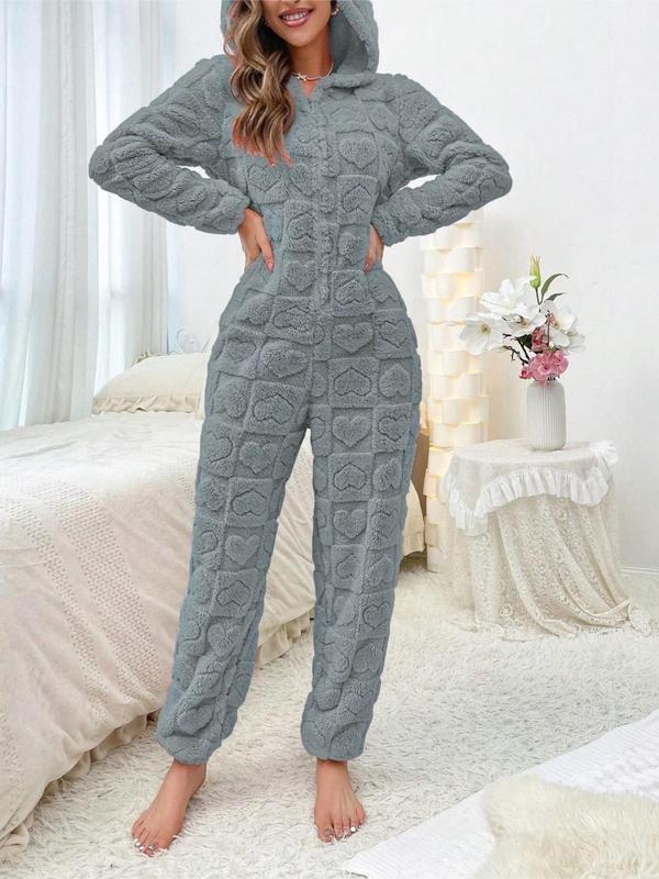 Women's Solid Hooded Jumpsuit, Casual Comfy Long Sleeve Jumpsuit for Fall & Winter, Women's Sleepwear for Indoor Wear