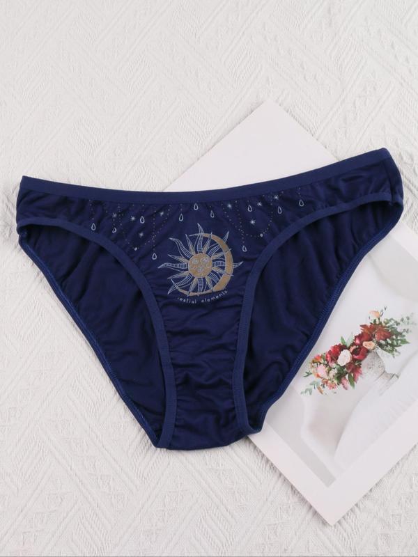 Women's Star & Moon & Sun Print Brief, Soft Comfy Breathable Knicker for Daily Wear, Underwear for All Seasons