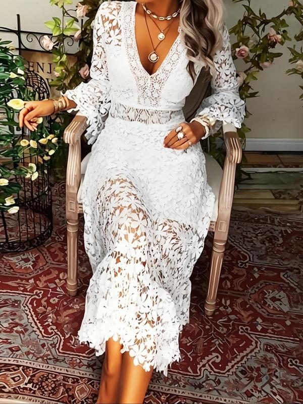 Women's Floral Lace Flounce Sleeve Dress, Elegant V Neck Long Sleeve A Line Dress for Party Holiday Wedding Guest, Ladies Clothes for All Seasons