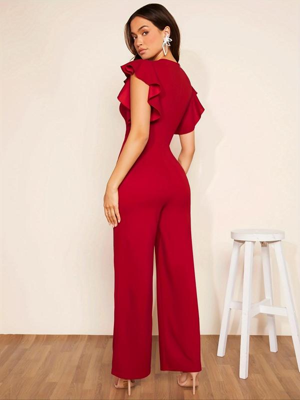 Women's Plain Ruffle Trim Butterfly Sleeve Wide Leg Jumpsuit, Elegant Deep V Neck Cap Sleeve High Waist Jumpsuit For Vacation Holiday Party, Ladies Summer Clothes