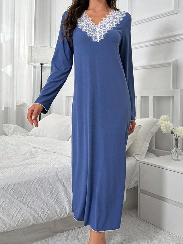 Women's Colorblock Contrast Lace V Neck Nightdress, Casual Long Sleeve Nightgown for Spring & Fall, Soft Comfy Sleepwear for Women