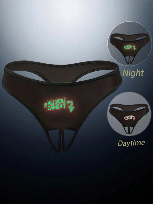 Women's Night Luminous Printed T-Back Thong, Thin Open Crotch Underwear sexy comfy