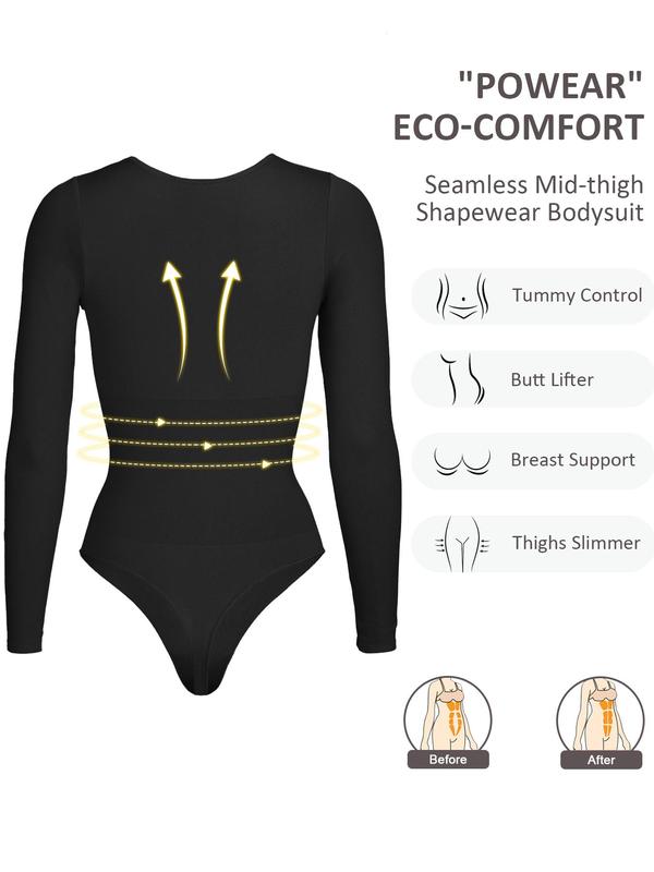 Women's Solid Long Sleeve Crew Neck Shapewear Bodysuit, Tummy Control Seamless Shaper, Women's Shapewear for All Seasons