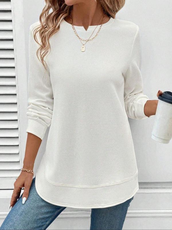 Women's Plain Waffle Knit Pullover Sweatshirt, Casual Long Sleeve Round Neck Top for Daily Wear, Ladies Clothes for All Seasons