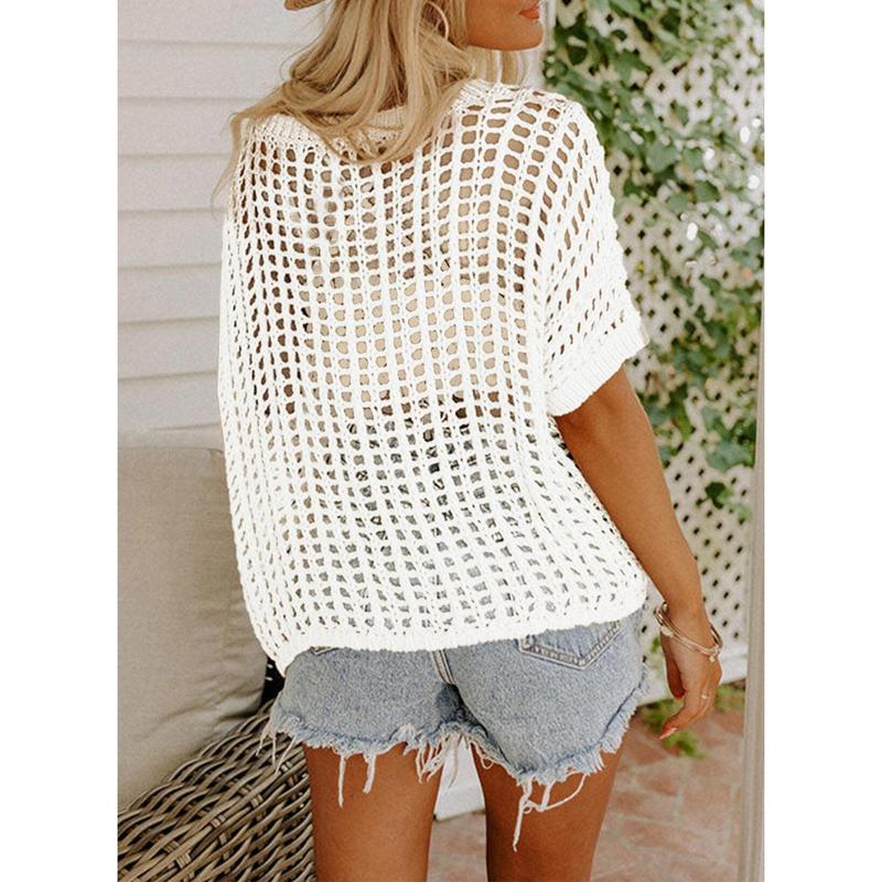 Dokotoo Womens Summer Scoop Neck Short Sleeve Sweater Casual Crochet Hollow Out Knit Tops Pullover Shirts Beach Coverup