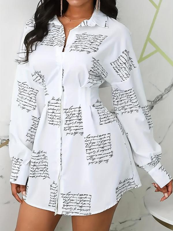 Plus Letter Print Button Front Shirt, Casual Long Sleeve Collar Neck Top For Spring & Fall, Women's Clothes For Daily Wear