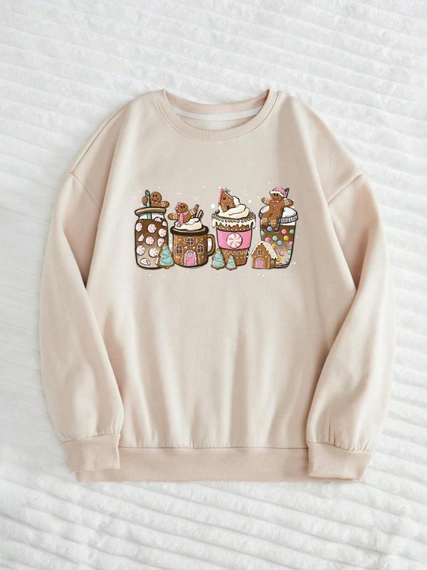 Women's Christmas Drinks & Gingerbread Man Print Pullover, Casual Long Sleeve Crew Neck Sweatshirt for Fall & Winter, Women's Clothes for Daily Wear