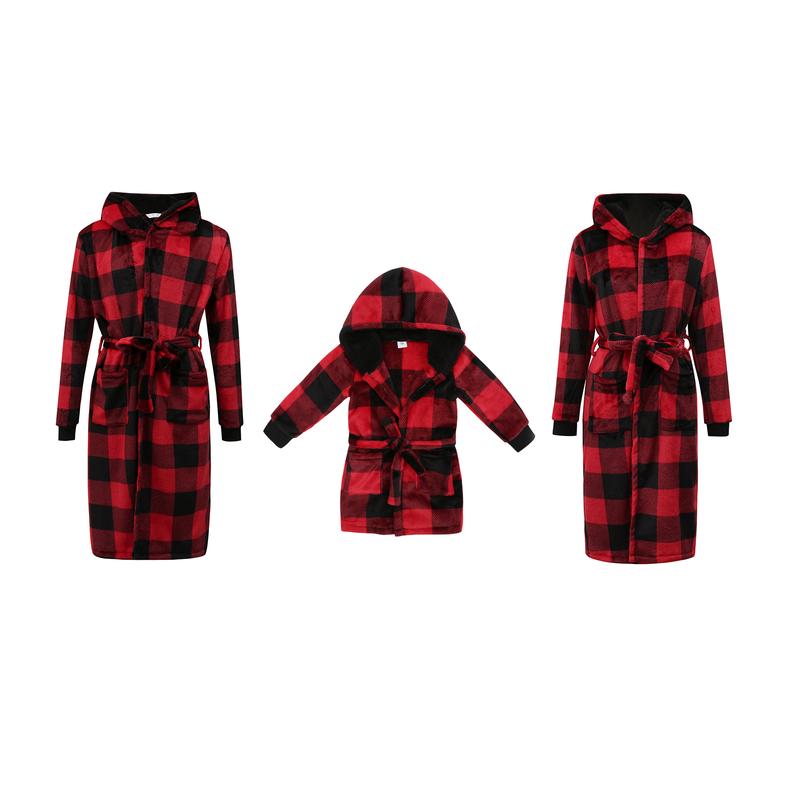 Christmas Parent-child Nightwear, Red Plaid Printed Pattern Long Sleeve Xmas Nightgown Bathrobes & Dressing Gowns for Men  Women  Kids Hoodie Womenswear