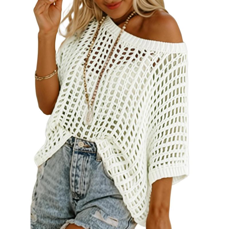 Dokotoo Womens Summer Scoop Neck Short Sleeve Sweater Casual Crochet Hollow Out Knit Tops Pullover Shirts Beach Coverup