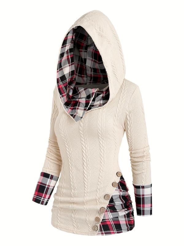 Women's Patchwork Print Fake Buttons Hooded Sweater, Elegant Long Sleeve Textured Knit Top For Spring & Fall, Women's Knitwear For Daily Wear