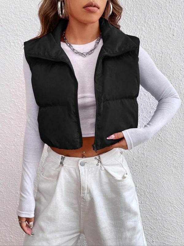 Women's Solid Color Stand Collar Zip Up Crop Vest Jacket, Casual Sleeveless Collared Warm Outerwear for Fall & Winter, Ladies Clothes for Daily Wear