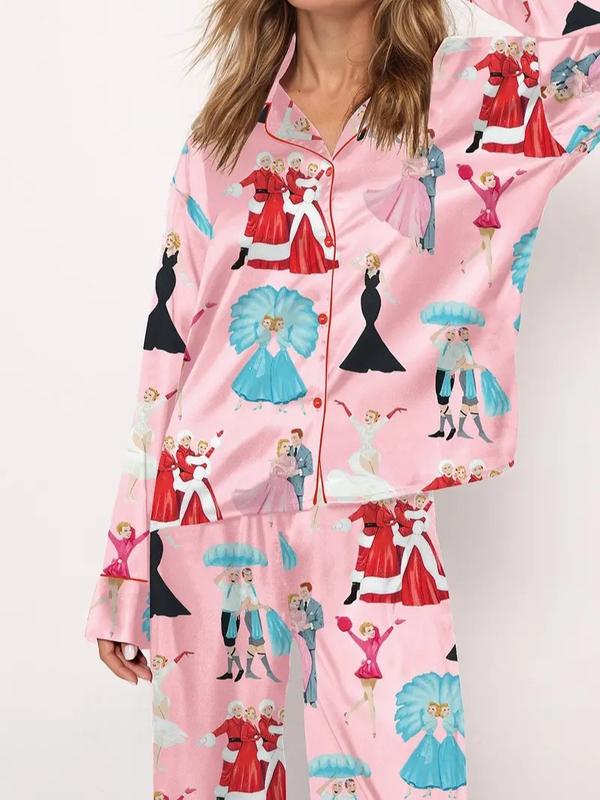 Christmas Luxury Pajamas Set For Women Print Comfy Sleepwear & Loungewear Pjs Printing Silky Top & Bottoms