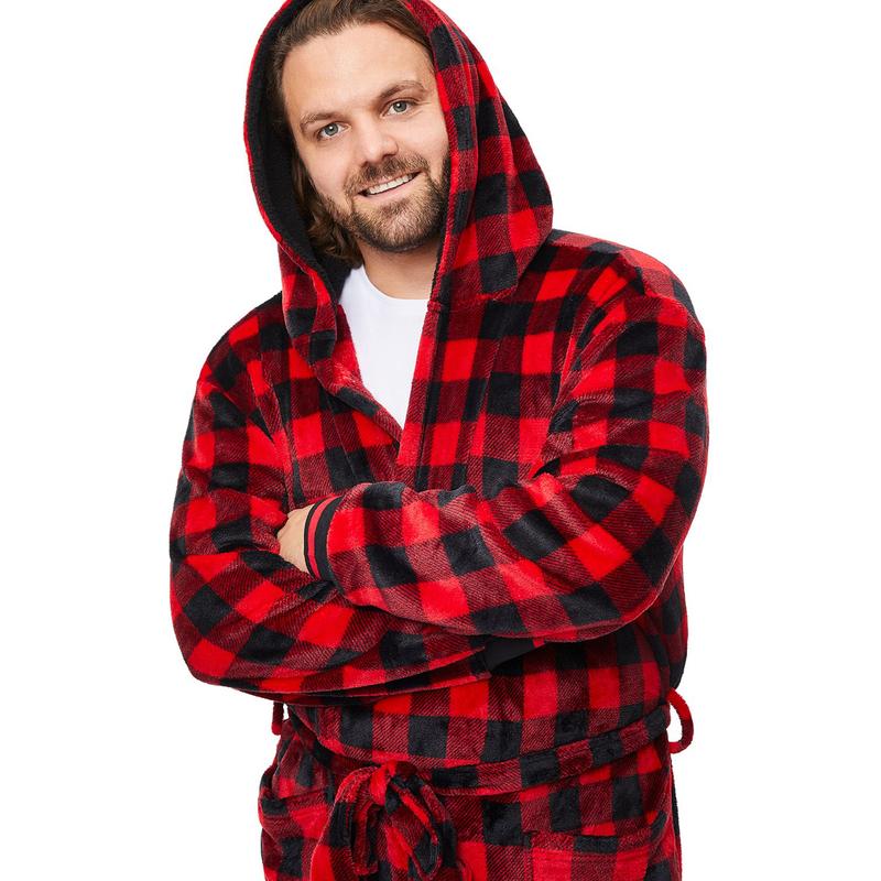 Christmas Parent-child Nightwear, Red Plaid Printed Pattern Long Sleeve Xmas Nightgown Bathrobes & Dressing Gowns for Men  Women  Kids Hoodie Womenswear