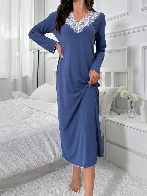 Women's Colorblock Contrast Lace V Neck Nightdress, Casual Long Sleeve Nightgown for Spring & Fall, Soft Comfy Sleepwear for Women