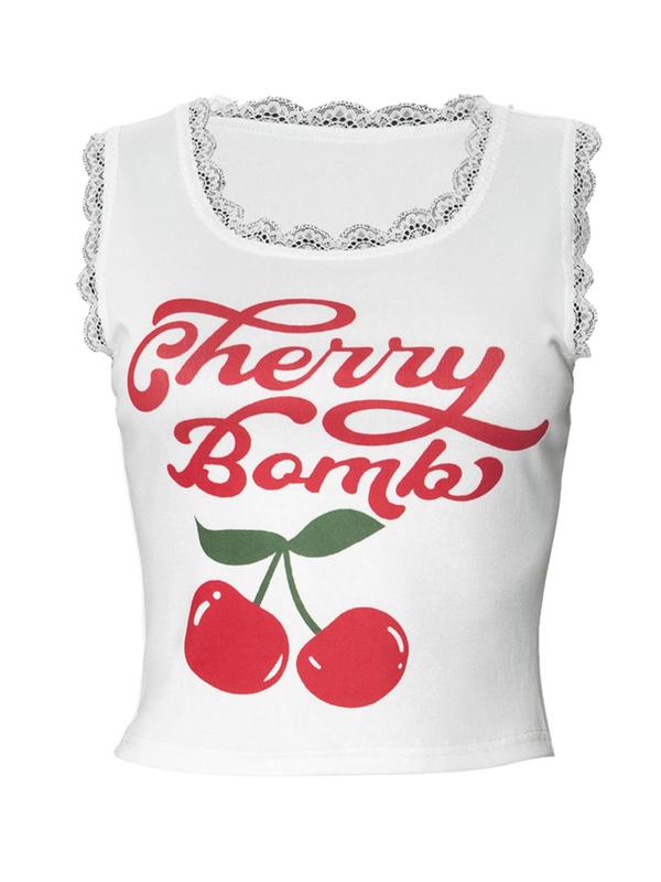 Women's Cherry & Letter Print Contrast Lace Tank Top, Cute U Neck Scallop Trim Sleeveless Top for Fall, Women's Clothing for Daily Wear, Fall Outfits, Fallfreshness