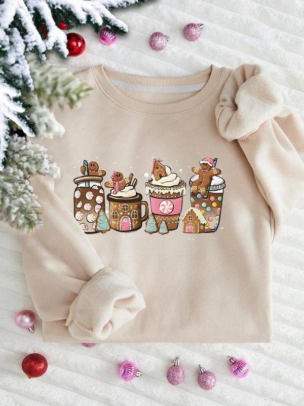 Women's Christmas Drinks & Gingerbread Man Print Pullover, Casual Long Sleeve Crew Neck Sweatshirt for Fall & Winter, Women's Clothes for Daily Wear