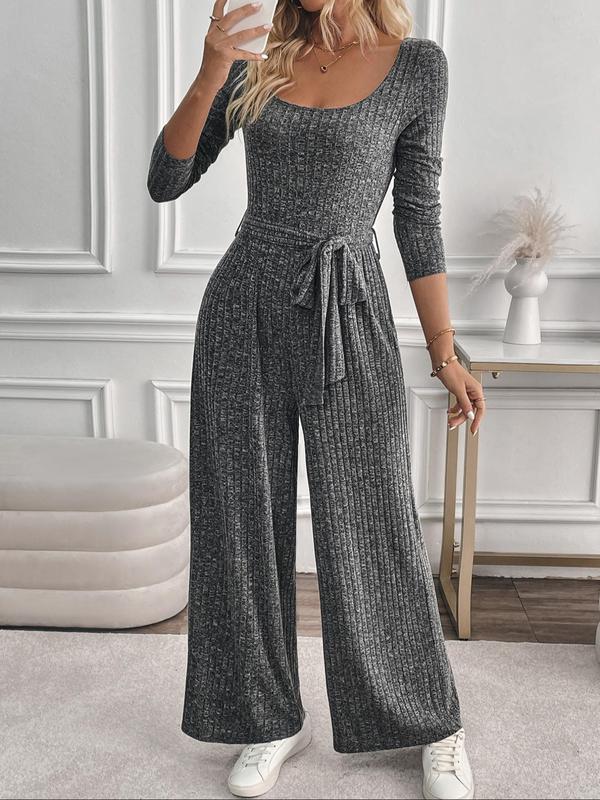 Women's Solid Belted Scoop Neck Jumpsuit, Casual Long Sleeve Jumpsuit for Fall & Winter, Women's Clothes for Daily Wear