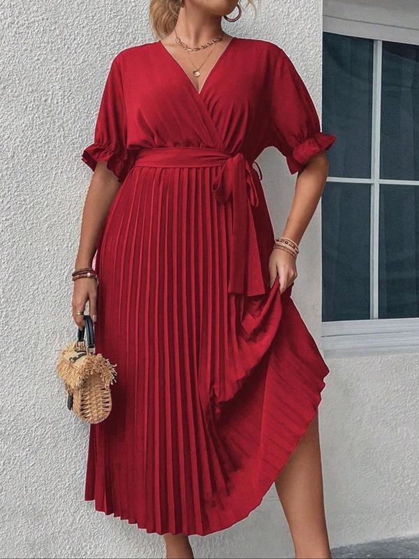  Solid Belted Wrap Pleated Flounce Sleeve Dress, Elegant V Neck Half Sleeve A Line Dress for Party Holiday Wedding Guest, Women's Clothes for Summer