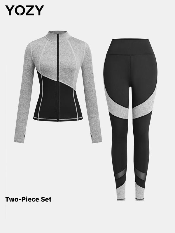 Christmas Deals, YOZY Two-Piece Set Women's Colorblock Zipper Mock Neck Jacket & Leggings Set, Casual Thumb Hole Long Sleeve Top & Skinny Pants for Daily Wear, Christmas 2024 Trend, Christmas Outfits, Fall&Winter Outfits, Christmas Gift Ideas