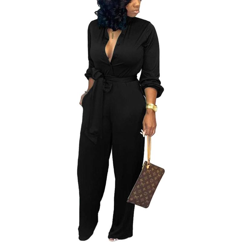 Jumpsuits for Women Formal Sexy Elegant Long Straight Pants Busineess Party Jumpsuit with Belt Pockets