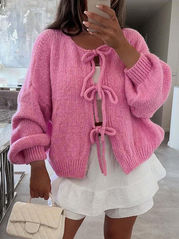 Women's Solid Color Tie Front Drop Shoulder Sweater Cardigan, Casual Long Sleeve Knitwear for Fall & Winter, Fashion Women's Knit Clothing for Daily Wear