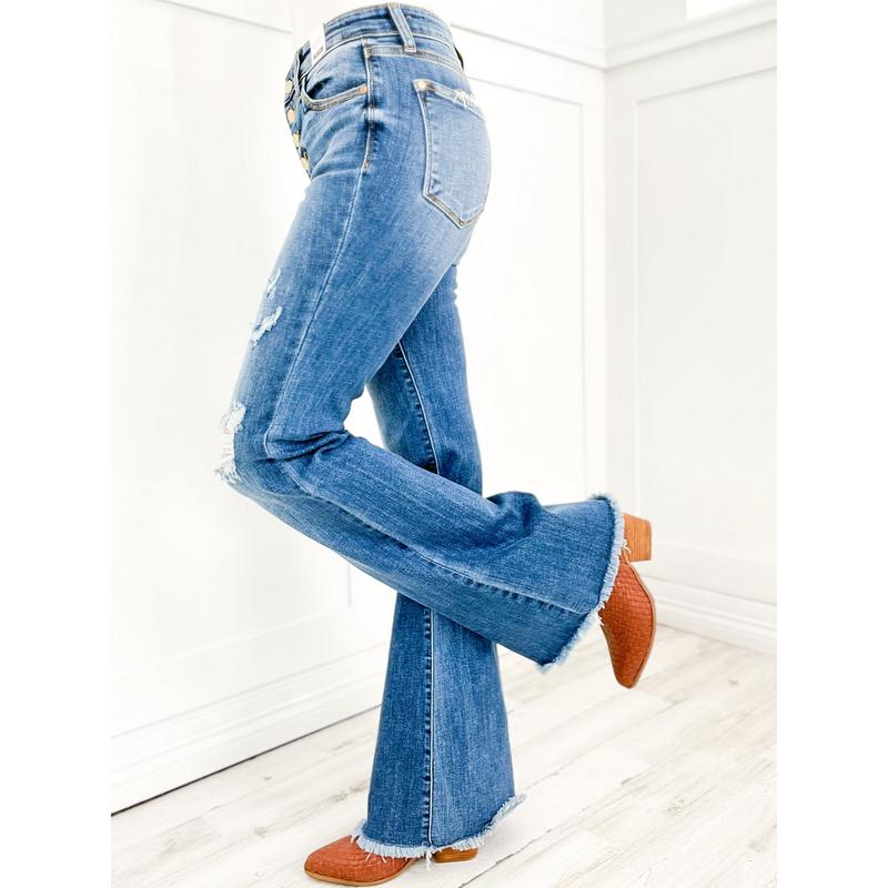 Judy Blue MADE YOU LOOK Mid-Rise Button Fly Flare Jeans with Distressed Frayed Hem