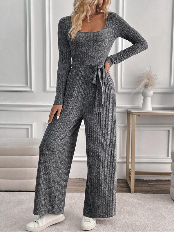 Women's Solid Belted Scoop Neck Jumpsuit, Casual Long Sleeve Jumpsuit for Fall & Winter, Women's Clothes for Daily Wear