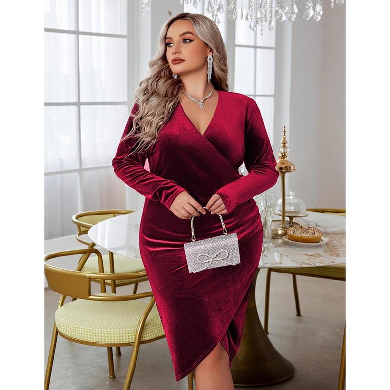 IN'VOLAND Womens Plus Size Long Sleeve Velvet Bodycon Dresses Ruched Wrap V Neck Cocktail Party Dress