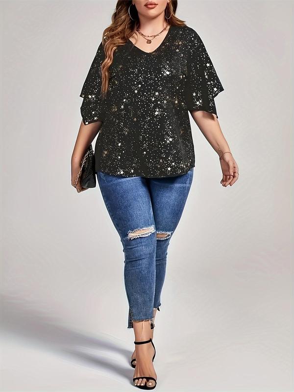 Plus Size All Over Star Print Batwing Sleeve V Neck Blouse, Elegant Half Sleeve Top for Daily Outdoor Wear, Women Plus Clothing for All Seasons